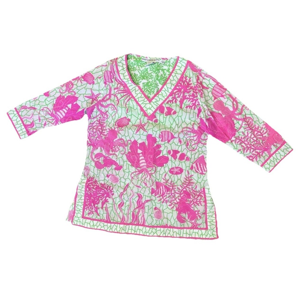 Gretchen Scott Tunic Top Shirt Womens S Pink Green Ocean Life Coastal Cruise NEW